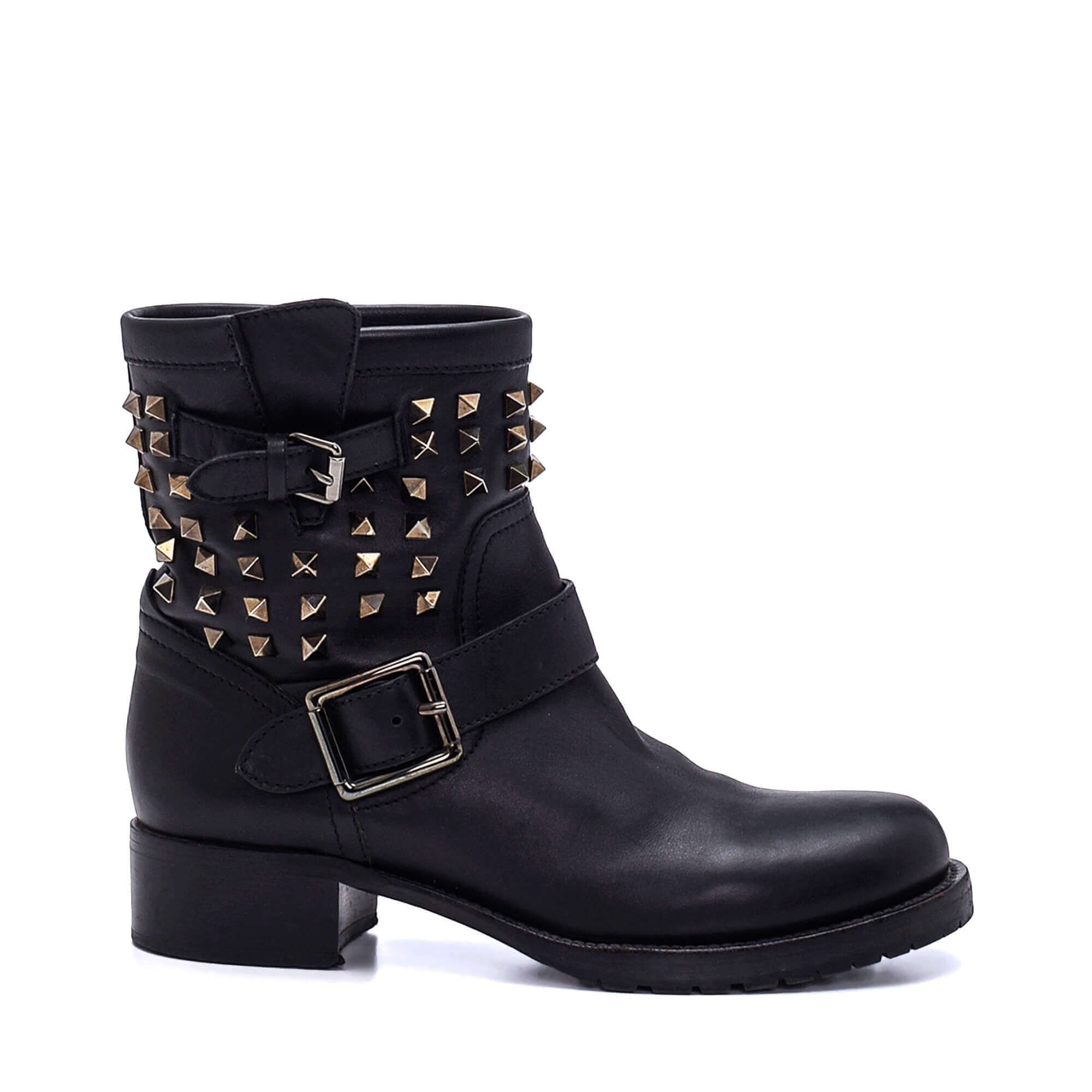 Valentino - Black Leather Double Buckle Rockstudded Boots